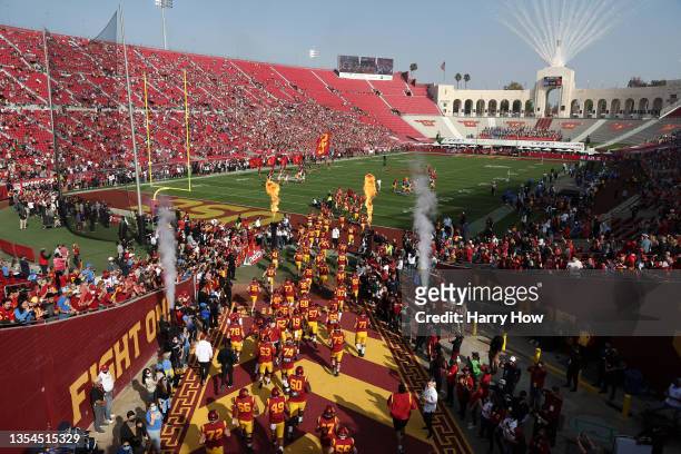 The USC Trojans come on to the field to take on the UCLA Bruins at Los Angeles Memorial Coliseum on November 20, 2021 in Los Angeles, California.