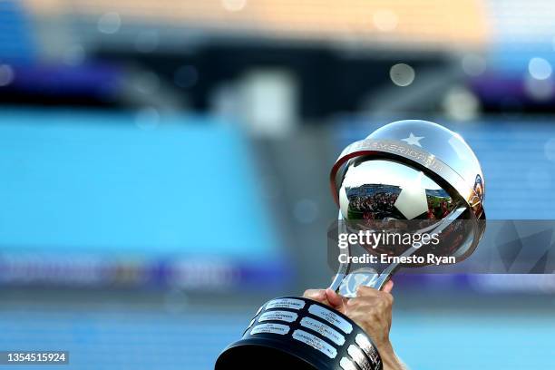 Detail of the trophy as players of Paranaense celebrate after winning the final match of Copa CONMEBOL Sudamericana 2021 between Athletico Paranaense...