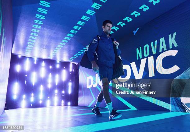 Novak Djokovic of Serbia walks towards the court ahead of his Round Robin Singles match against Cameron Norrie of Great Britain on Day Six of the...