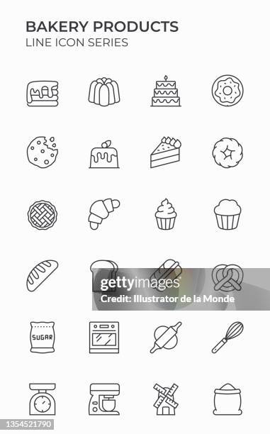 ilustraciones, imágenes clip art, dibujos animados e iconos de stock de iconos de trazo editables de productos de panadería - waffle