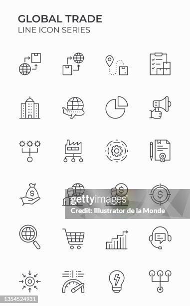 global trade editable stroke icons - unloading boxes stock illustrations