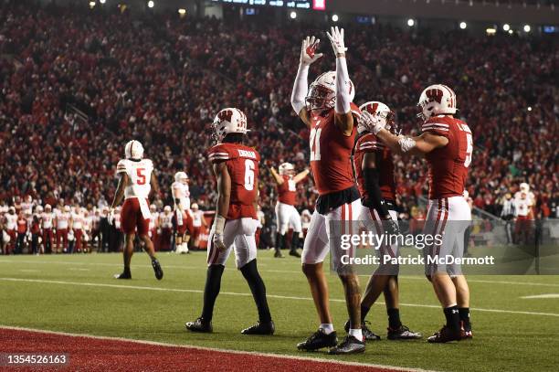 Caesar Williams of the Wisconsin Badgers celebrates after stopping the Nebraska Cornhuskers on a fourth down conversion at the end of the fourth...