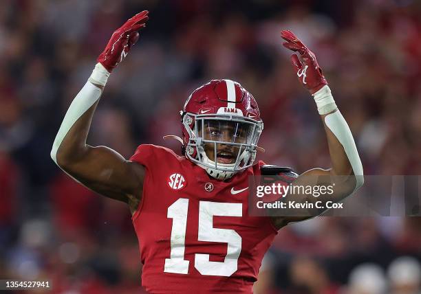 Dallas Turner of the Alabama Crimson Tide reacts after a sack against the Arkansas Razorbacks during the second half at Bryant-Denny Stadium on...