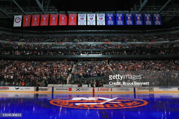 The stage is set for the home opener between the New York Islanders and the Calgary Flames at the UBS Arena on November 20, 2021 in Elmont, New York....