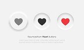 Hearts buttons vector set. Like and pressed like icon in trendy neumorphism style. Vector EPS 10