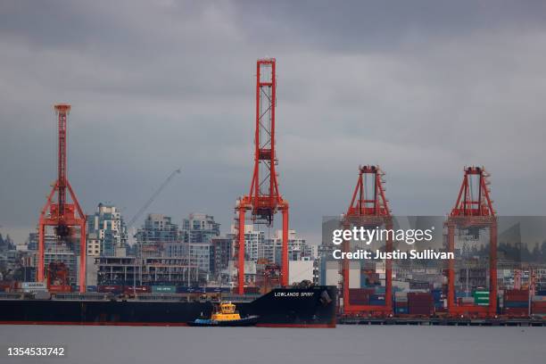 Shipping cranes sit idle at the Port of Vancouver on November 20, 2021 in Vancouver, British Columbia. The Canadian province of British Columbia...