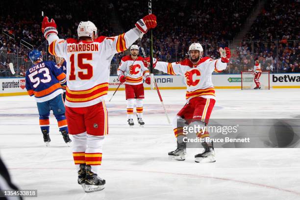 Brad Richardson of the Calgary Flames celebrates his first period goal against the New York Islanders at the UBS Arena on November 20, 2021 in...
