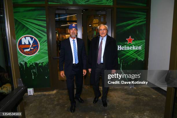 Bobby Nystrom and John Tonelli stop by the Heineken Terrace Bar at the UBS Arena in Elmont, NY on November 20, 2021.