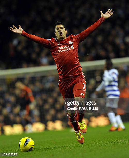 Liverpool's Uruguayan striker Luis Suarez gestures after being ruled offside during the English Premier League football match between Liverpool and...