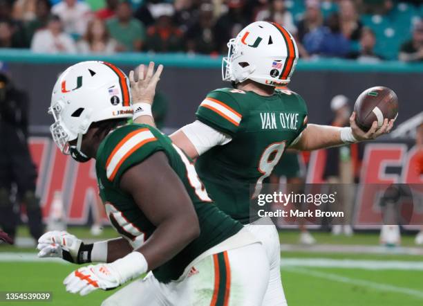 Tyler Van Dyke of the Miami Hurricanes throws a pass for a touchdown against the Virginia Tech Hokies during the first half at Hard Rock Stadium on...