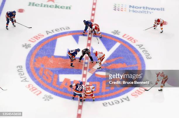 General view of the opening faceoff in the New York Islander's new building at the UBS Arena as the New York Islanders faced off against the Calgary...