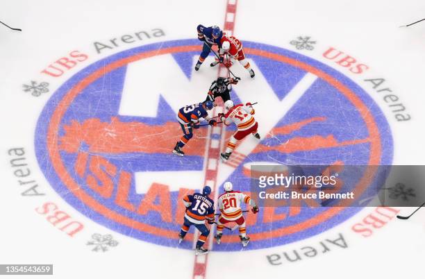 General view of the opening faceoff in the New York Islander's new building at the UBS Arena as the New York Islanders faced off against the Calgary...