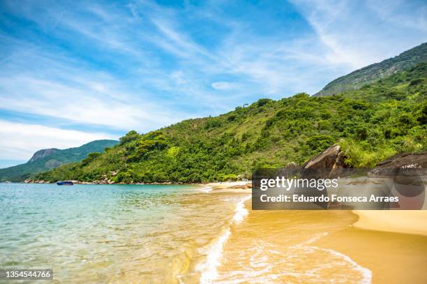 beach on an island and mountains covered by tropical forest - parati stock pictures, royalty-free photos & images