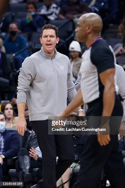 Luke Walton head coach of the Sacramento Kings reacts after receiving a technical foul in the second quarter against the Utah Jazz at Golden 1 Center...