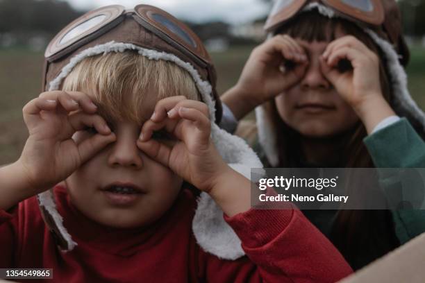 two brothers playing inside a box - aviation hat stock pictures, royalty-free photos & images