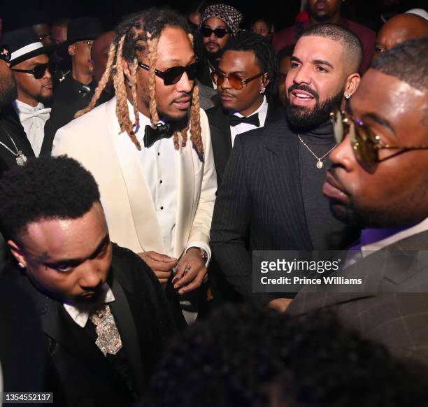 Mike Will, Future and Drake attend The Future: A Gentlemans Club at a private location on November 17, 2021 in Atlanta, Georgia.