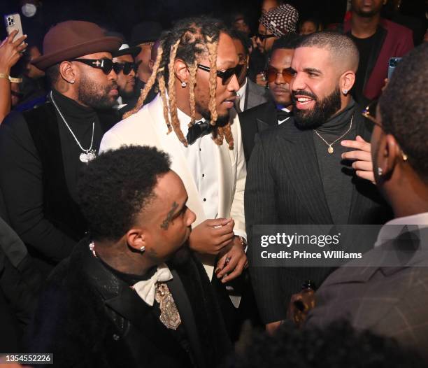 Mike Will, Future and Drake attend The Future: A Gentlemans Club at a private location on November 17, 2021 in Atlanta, Georgia.