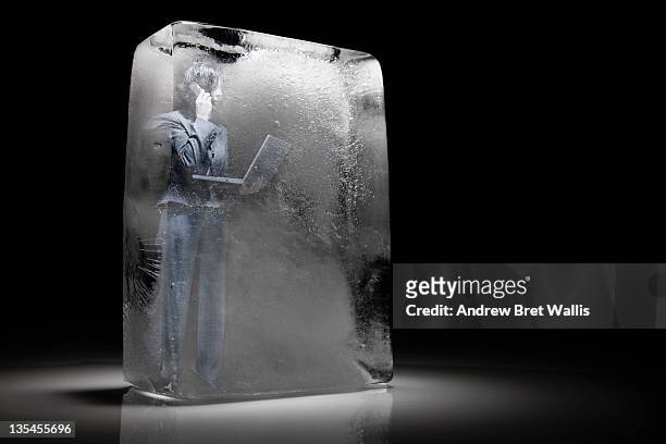 frozen businesswoman with laptop & mobile - freeze ideas stock pictures, royalty-free photos & images