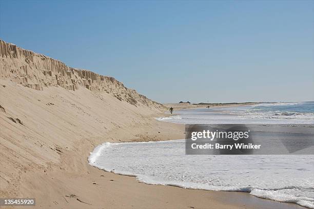 foam-covered water reaching mound of sand. - the hamptons stock pictures, royalty-free photos & images