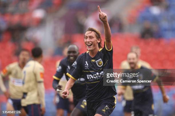 Jacob Farrell of the Mariners celebrates scoring a goal during the A-League match between Newcastle Jets and Central Coast Mariners at McDonald Jones...