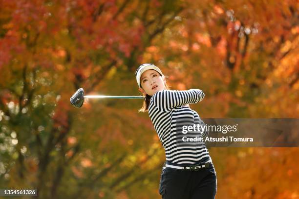 Erika Hara of Japan hits her tee shot on the 5th hole during the final round of the Daio Paper Elleair Ladies at the Elleair Golf Club Matsuyama on...