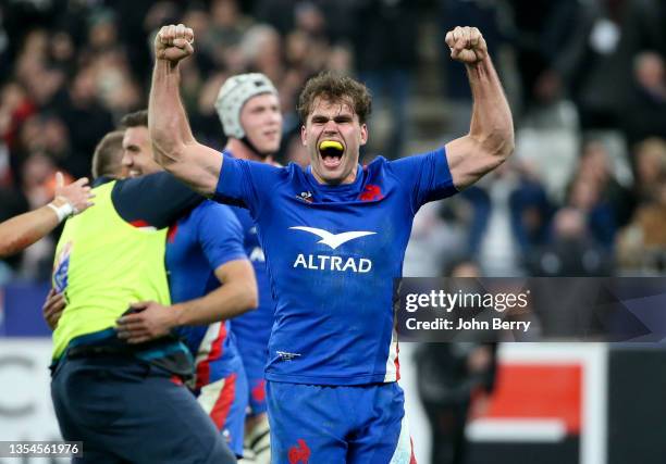 Damian Penaud of France celebrates the victory following the Autumn Nations Series rugby match between France and New Zealand at Stade de France on...