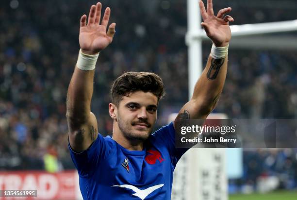 Romain Ntamack of France celebrates the victory following the Autumn Nations Series rugby match between France and New Zealand at Stade de France on...