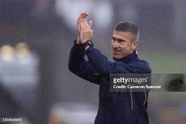Nick Montgomery head coach of the Mariners celebrates victory during the A-League match between Newcastle Jets and Central Coast Mariners at McDonald...