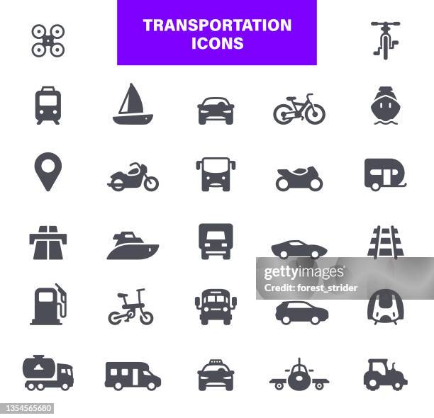 transportsymbole. set enthält symbole wie auto, verkehrsmittel, elektrofahrrad, sportrennen - cruise and motorbike and ship stock-grafiken, -clipart, -cartoons und -symbole