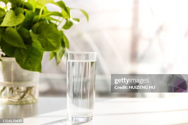 close up the purified fresh drink water on table in living room - purified water stockfoto's en -beelden