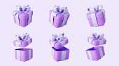 3d purple gift box open and closed set with pastel ribbon bow isolated on a light background. 3d render flying modern holiday surprise box. Realistic vector icon for birthday or wedding banners
