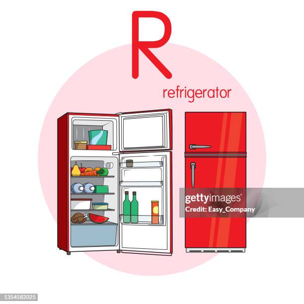 vector illustration of refrigerator with alphabet letter r upper case or capital letter for children learning practice abc - fridge magnets stock illustrations