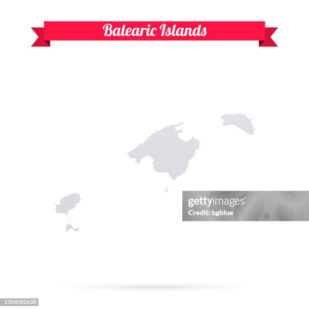 illustrazioni stock, clip art, cartoni animati e icone di tendenza di mappa delle isole baleari su sfondo bianco con banner rosso - ibiza island