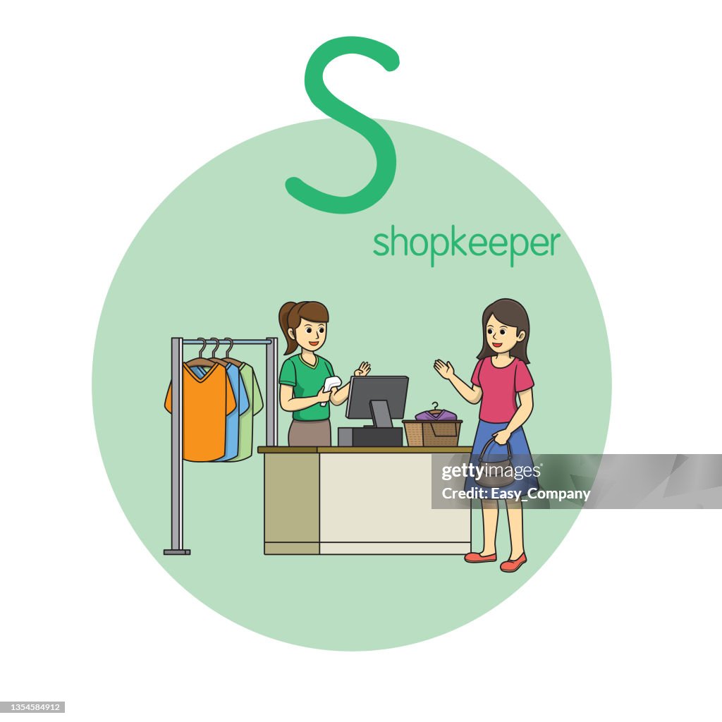 Illustration vectorielle du commerçant avec la lettre alphabétique S Majuscule ou majuscule pour la pratique d’apprentissage des enfants ABC