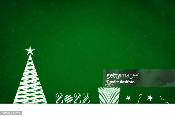 bright dark green coloured vibrant glittering vector  christmas backgrounds with one white tree made of crisscross mesh, a present or gif and ornaments lined up like ball, bauble, swirl, star over white snow and creative calligraphy text 2022 - snow white eps stock illustrations