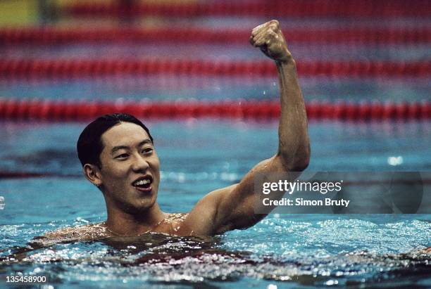 Daichi Suzuki of Japan celebrates winning the Men's 100 metres Backstroke final on 24th September 1988 during the XXIV Summer Olympic Games at the...