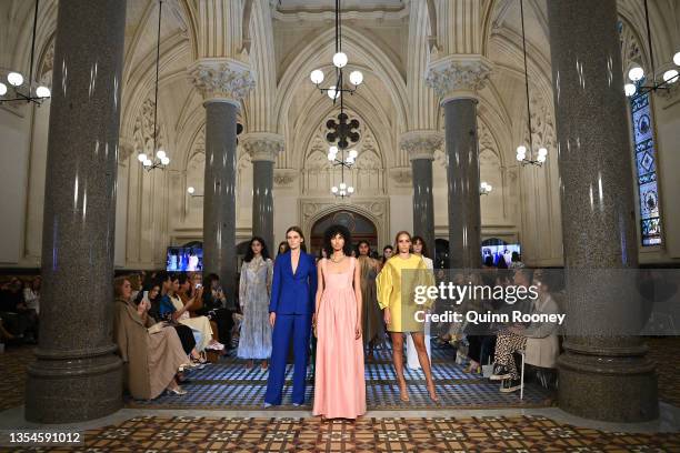 Models walk the runway during the Closing runway show of Melbourne Fashion Week on November 21, 2021 in Melbourne, Australia.
