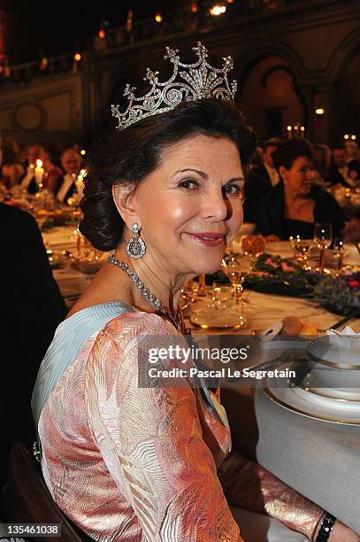 Queen Silvia of Sweden attends the Nobel Banquet at the City Hall on December 10, 2011 in Stockholm, Sweden.