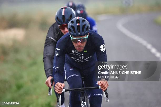 Groupama - FDJ's French rider Thibault Pinot and Groupama - FDJ's French rider David Gaudu cycle during a team training session in Bilbao, northern...