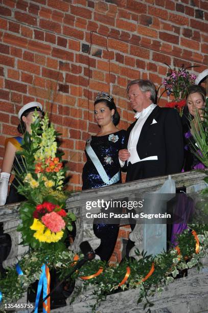 Crown Princess Victoria of Sweden and Australian Nobel Prize for Physics laureate Brian Schmidt arrive for the Nobel Prize Banquet at Stockholm City...