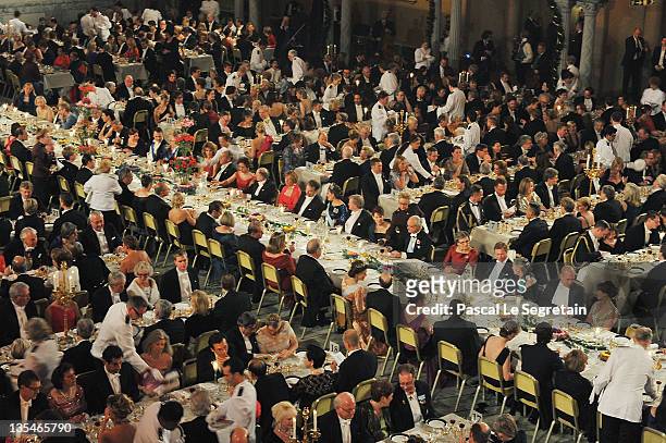 The waiters arrive at the Nobel Prize Banquet at Stockholm City Hall on December 10, 2011 in Stockholm, Sweden.