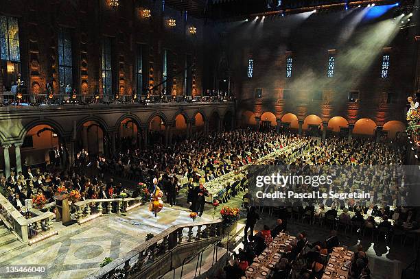 General view of the Nobel Prize Banquet at Stockholm City Hall on December 10, 2011 in Stockholm, Sweden.