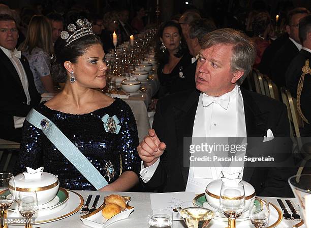 Crown Princess Victoria of Sweden and Australian Nobel Prize for Physics laureate Brian Schmidt attend the Nobel Prize Banquet at Stockholm City Hall...