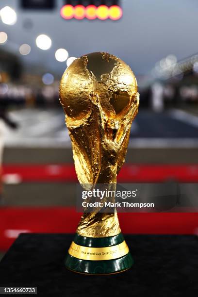 The FIFA World Cup trophy is pictured on the grid before the F1 Grand Prix of Qatar at Losail International Circuit on November 21, 2021 in Doha,...