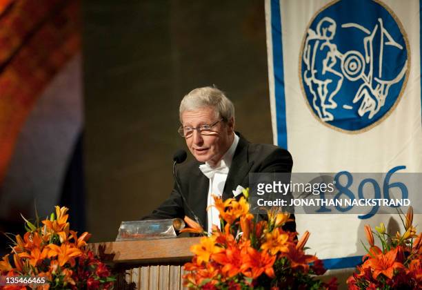 Luxembourg-born Frenchman professor Jules A. Hoffmann delivers a speech at the Nobel banquet held at the Stockholm City Hall, on December 10, 2011....
