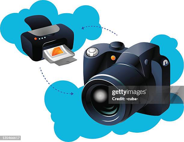 wireless printing concept - camera 3d render stock illustrations