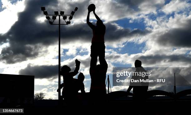General view of a lineout in the warm up prior to the Autumn International match between England and USA at Sixways Stadium on November 21, 2021 in...