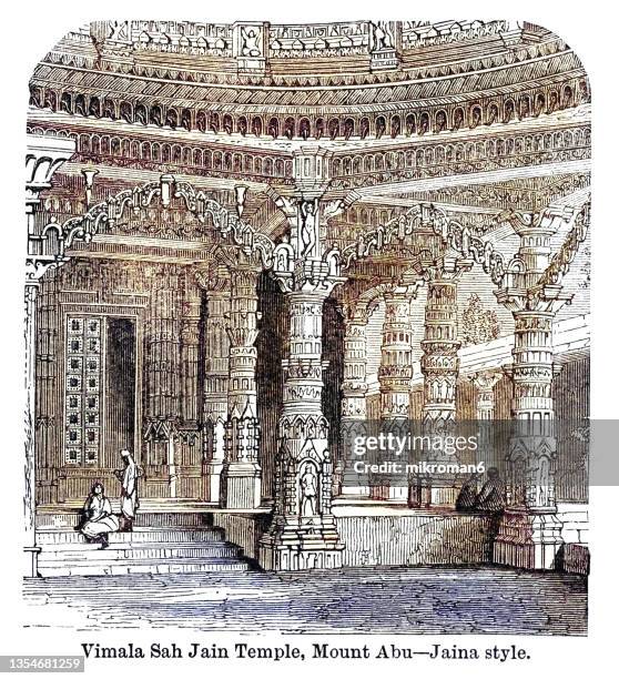 old engraved illustration of jain temple of vimala sah, mount abu, india - jain temple stock-fotos und bilder