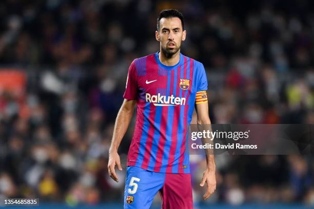 Sergio Busquets of FC Barcelona looks on during the La Liga Santander match between FC Barcelona and RCD Espanyol at Camp Nou on November 20, 2021 in...