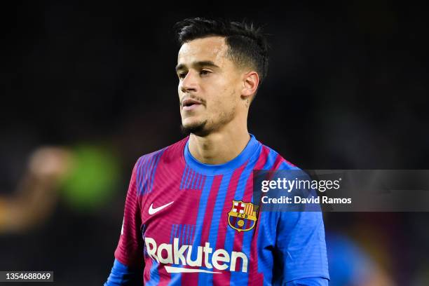 Philippe Coutinho of FC Barcelona looks on during the La Liga Santander match between FC Barcelona and RCD Espanyol at Camp Nou on November 20, 2021...